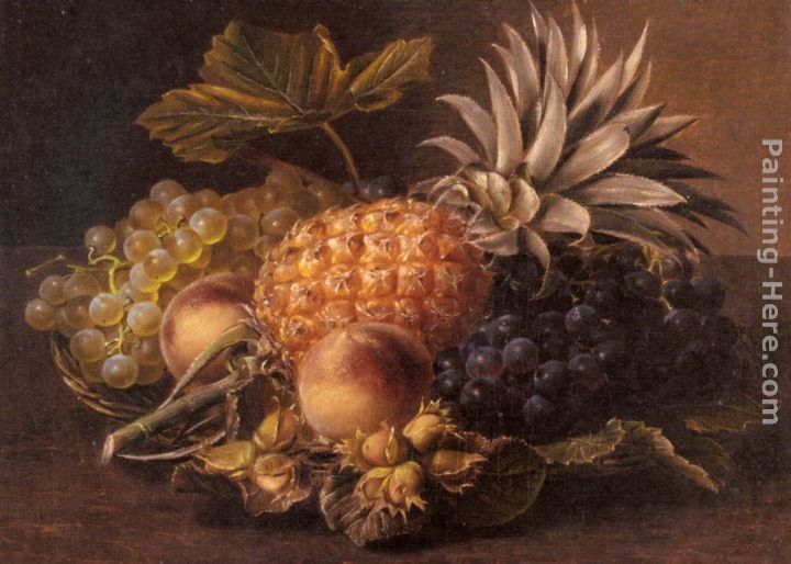 Johan Laurentz Jensen Grapes, a Pineapple, Peaches and Hazelnuts in a Basket
